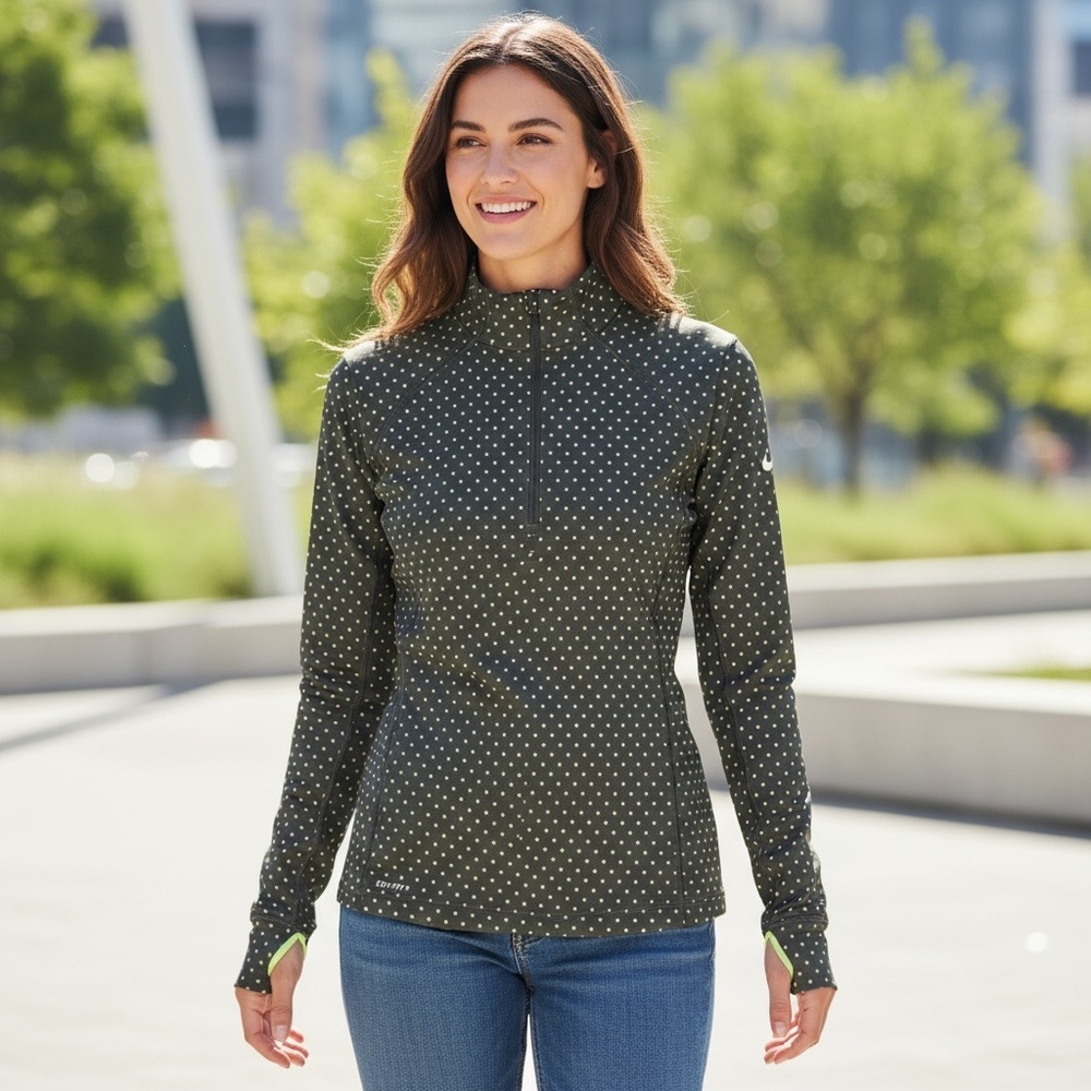 Nike Pro Women XL Dri-Fit Hyper warm Half Zip Pullover Black Green Polka Dot - Picture 2 of 8